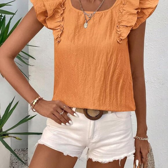 Womens Bow Tie Back Tops Round Neck Ruffle Short Sleeve Shirts Cute Babydoll Chi - Picture 4 of 6